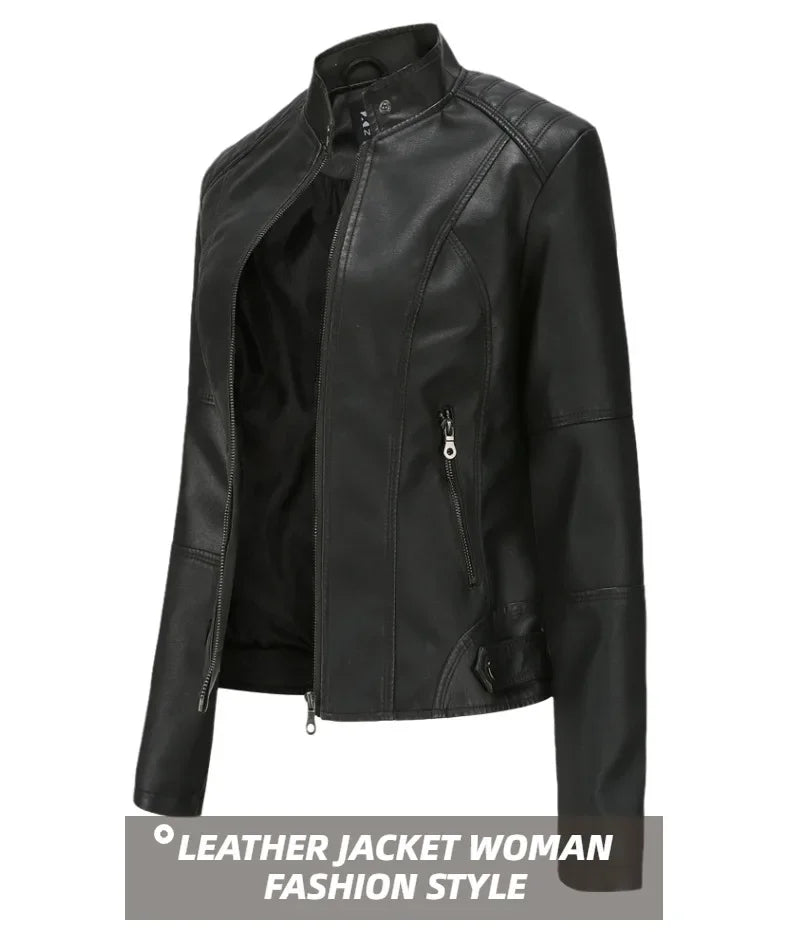 New women's leather jacket Slim jacket Thin section of the spring and autumn jacket Standing collar women's leather jacket