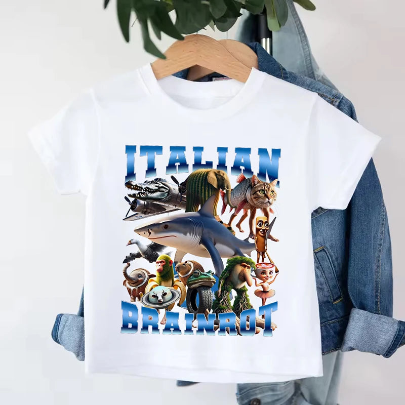 Italian Brainrot Kids Cotton T-shirt Tung Tung Tung Sahur Tee Tralalero Tralala Summer Clothes Funny Meme Children Cute Top Gift