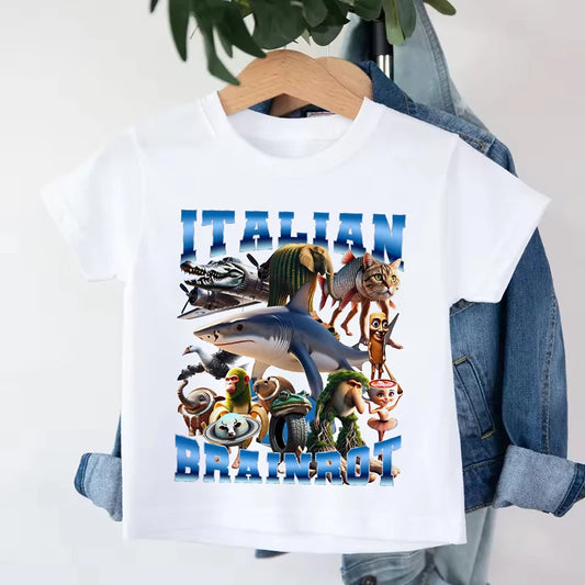 Italian Brainrot Kids Cotton T-shirt Tung Tung Tung Sahur Tee Tralalero Tralala Summer Clothes Funny Meme Children Cute Top Gift