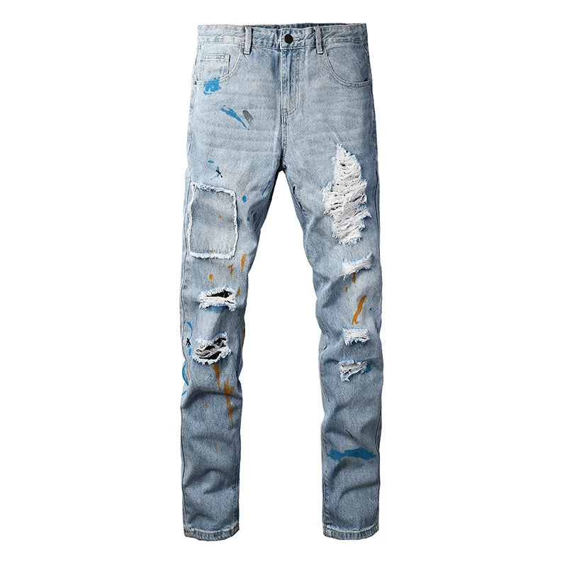 Men's High Street Distressed Washed Light Blue Non-Stretch Damaged Holes Spray Paint Slim Fit Jeans Pants