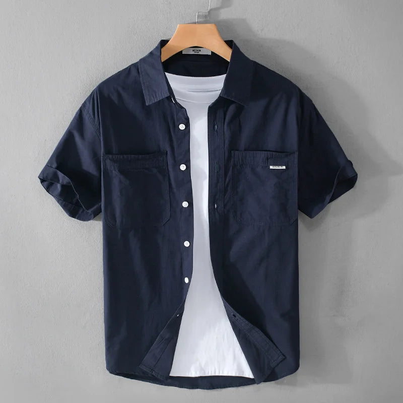 Summer Men's Casual Short Sleeve Comfortable Shirt 100% Cotton Sold Color Loose Simple Male Workwear Versatile Youth Fresh Shirt
