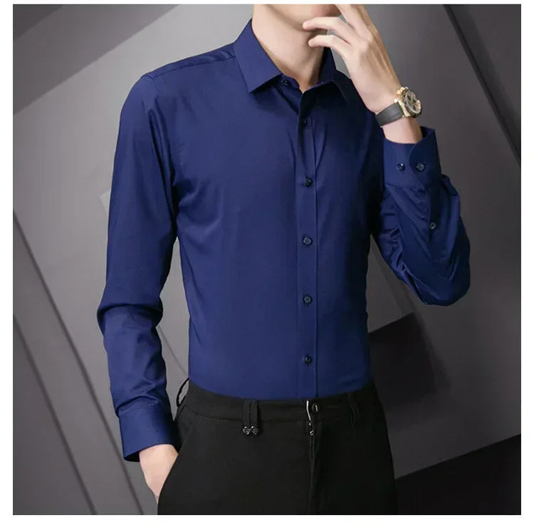 New Plus Size 8XL Men Solid Color Business Shirt Long Sleeve Shirt Fashion Classic Basic Casual Slim White Spring Autumn