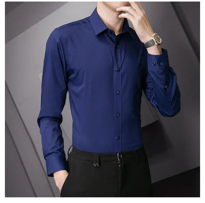 New Plus Size 8XL Men Solid Color Business Shirt Long Sleeve Shirt Fashion Classic Basic Casual Slim White Spring Autumn