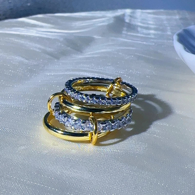 3 CZ Cubic Zirconia Ring Set Stackable Ring Silver Gold Stacking Rings Multi-Link Connected Statement Interlocking for Women