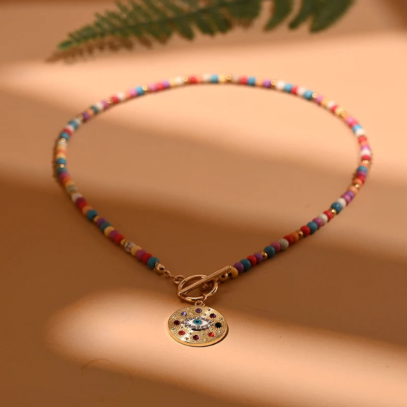 4mm Colorful Stone Choker Necklace for Women Round Evil Charm Pendant Necklace Fashion New Daily Jewelry