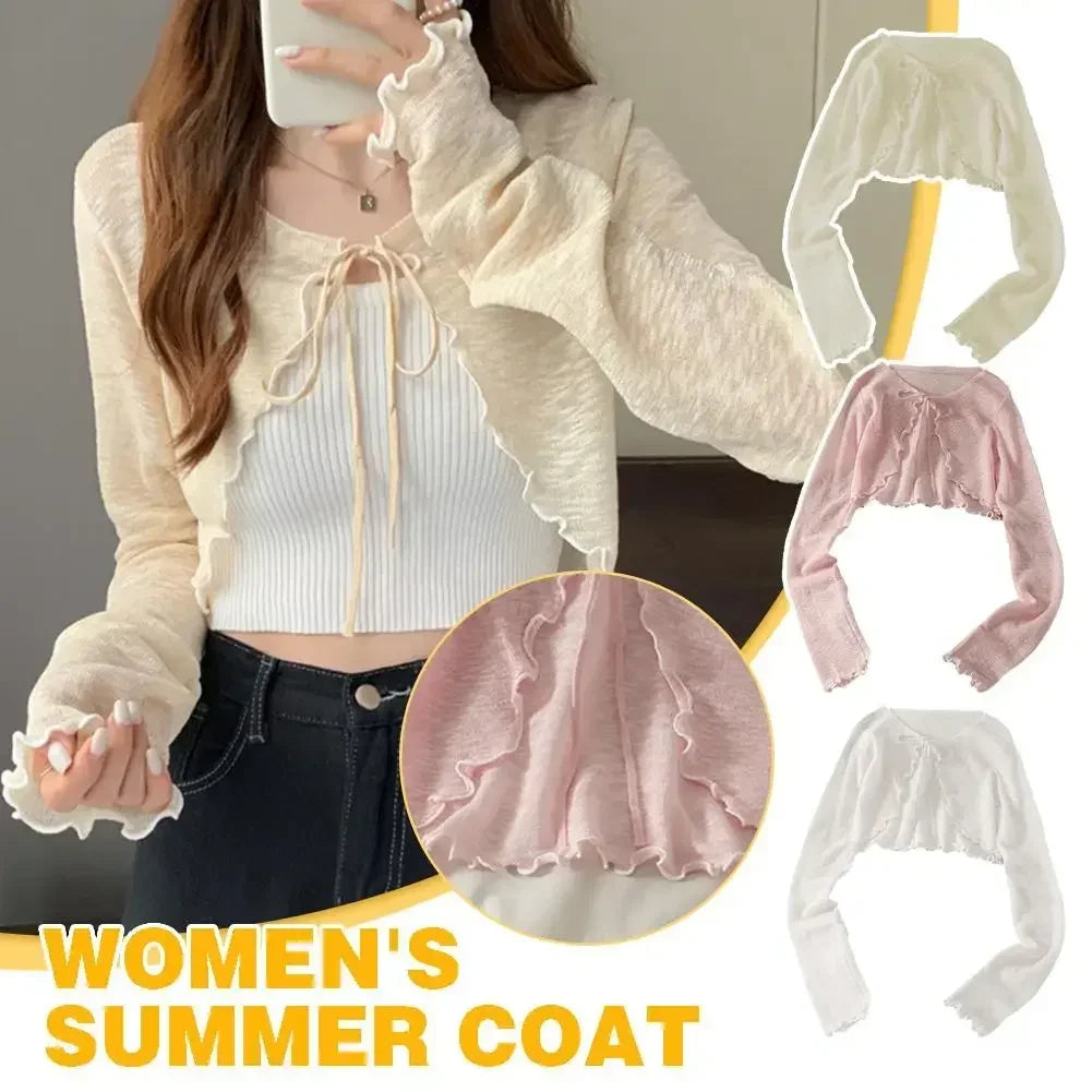 Summer Women Thin Sunscreen Cardigan Lace-up Knitwear Tops Female Korean Style Lantern Sleeve Short Coat Casual Sun Protected