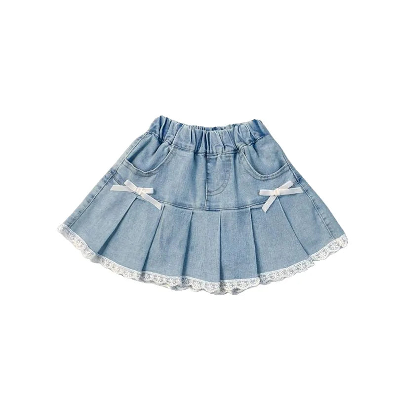 Girls Summer Denim Skirt Baby Girl Korean New Style Cute Bow Lace Pleated Skirt