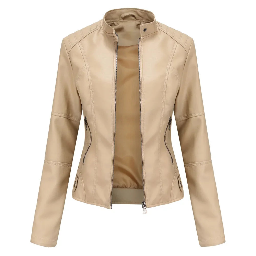 New women's leather jacket Slim jacket Thin section of the spring and autumn jacket Standing collar women's leather jacket