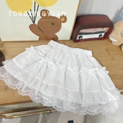 Korean Childrens Girls Short Skirt Summer Stylish Beautiful Plaid Kids Girls Half Skirt Lace Ruched Toddler Girls Cake Skirts