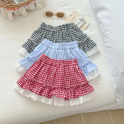 Korean Childrens Girls Short Skirt Summer Stylish Beautiful Plaid Kids Girls Half Skirt Lace Ruched Toddler Girls Cake Skirts