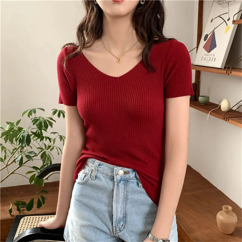 Basic V-neck Solid Thin Summer Pullover Women Female Knitted Ribbed Sweater Slim Short Sleeve Bodycon Sweater
