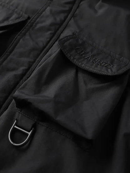 Detachable windproof sleeved hooded jacket suitable for outdoor activities men's casual waterproof multi pocket jacket vest