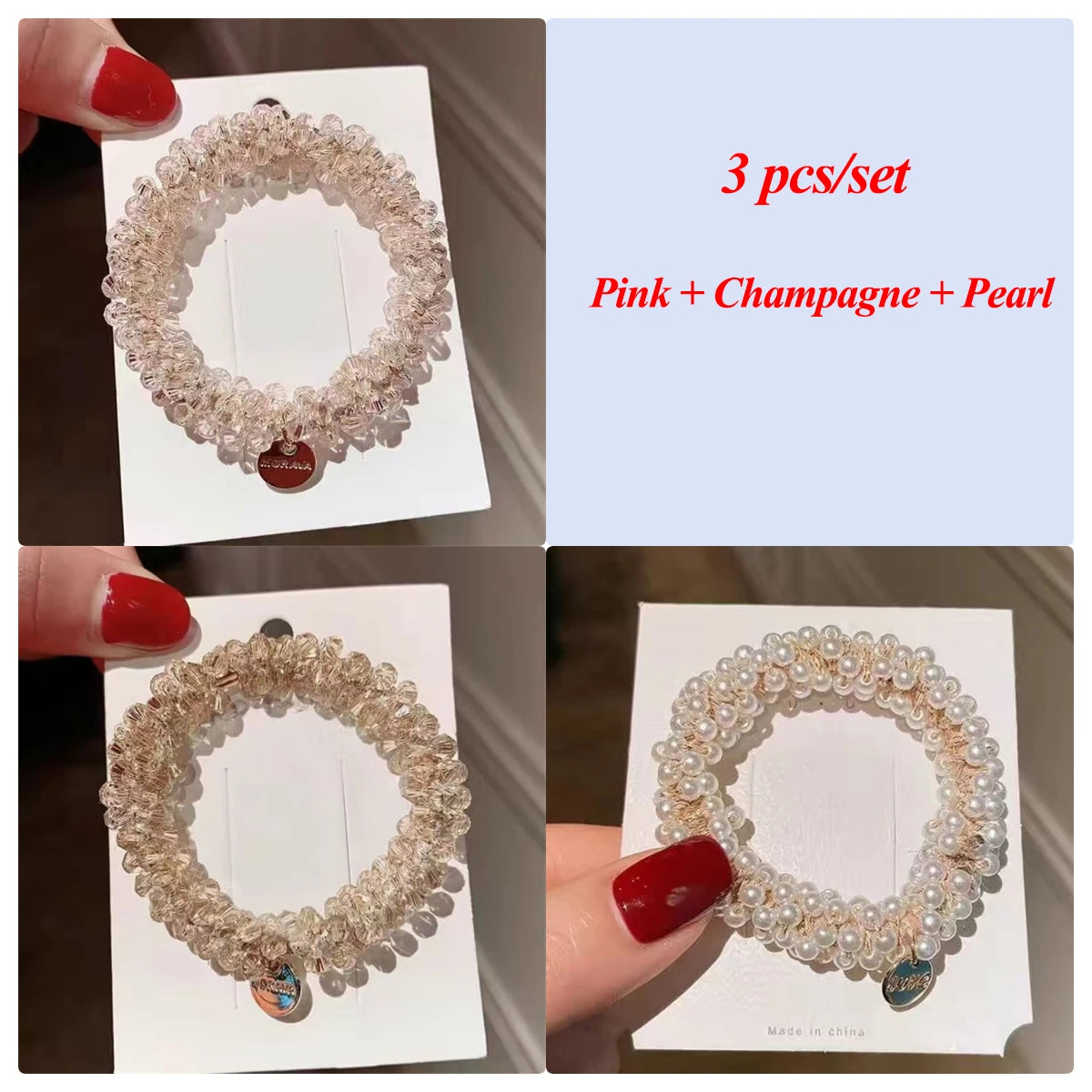 3pcs/set Crystal Pearl Beads Elastic Bands Scrunchies Hair Accessories Women Ponytail Holder Headwear