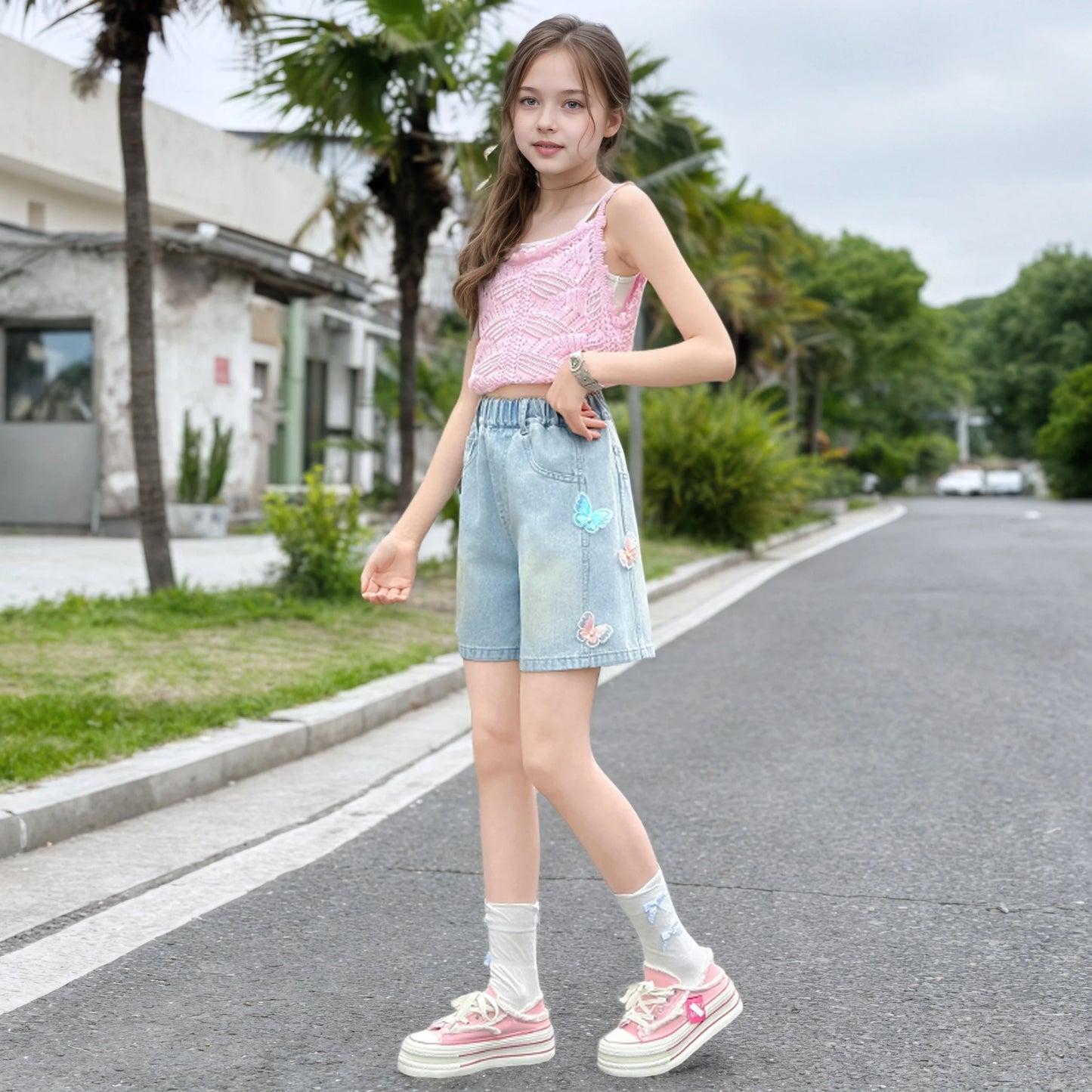 Girls summer style nailed side butterfly denim shorts thin 2025 new fashion denim hot pants casual sports shorts suitable for