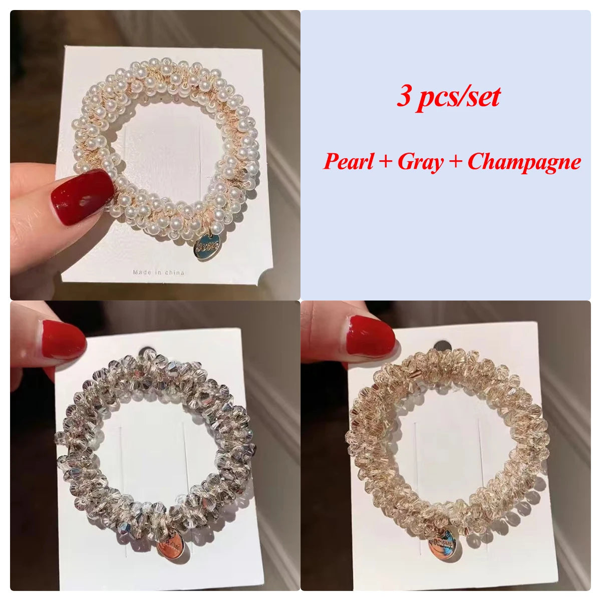 3pcs/set Crystal Pearl Beads Elastic Bands Scrunchies Hair Accessories Women Ponytail Holder Headwear