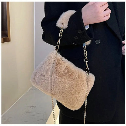 Fashion Women Fluffy Shoulder Bags Female Winter Chain Underarm Bag Solid Color Handbag Soft Plush Handle Bag