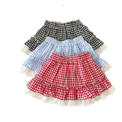 Korean Childrens Girls Short Skirt Summer Stylish Beautiful Plaid Kids Girls Half Skirt Lace Ruched Toddler Girls Cake Skirts