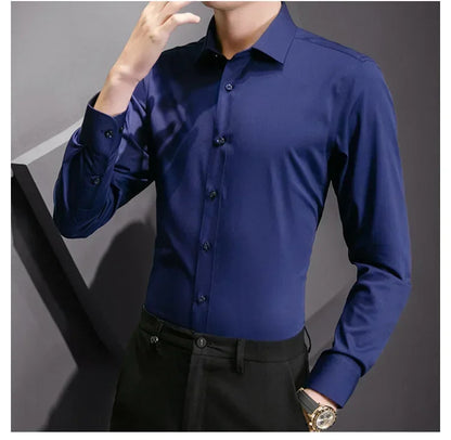 New Plus Size 8XL Men Solid Color Business Shirt Long Sleeve Shirt Fashion Classic Basic Casual Slim White Spring Autumn