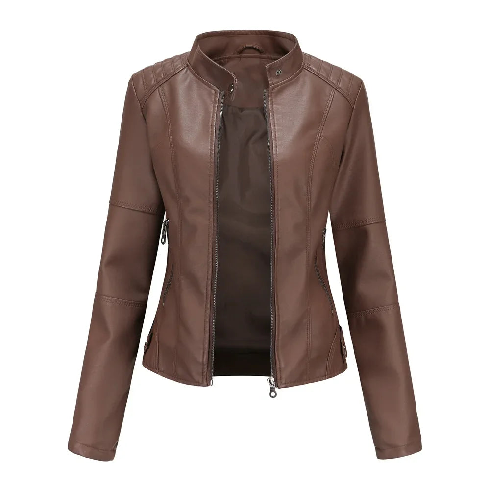 New women's leather jacket Slim jacket Thin section of the spring and autumn jacket Standing collar women's leather jacket