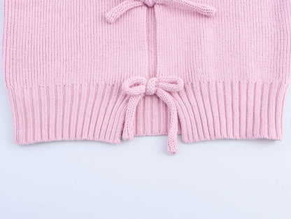 DEEABAE Women's Korean Casual Style Sweet And Pure Desire Bow Decoration Knitted Short Sleeved Lapel Top