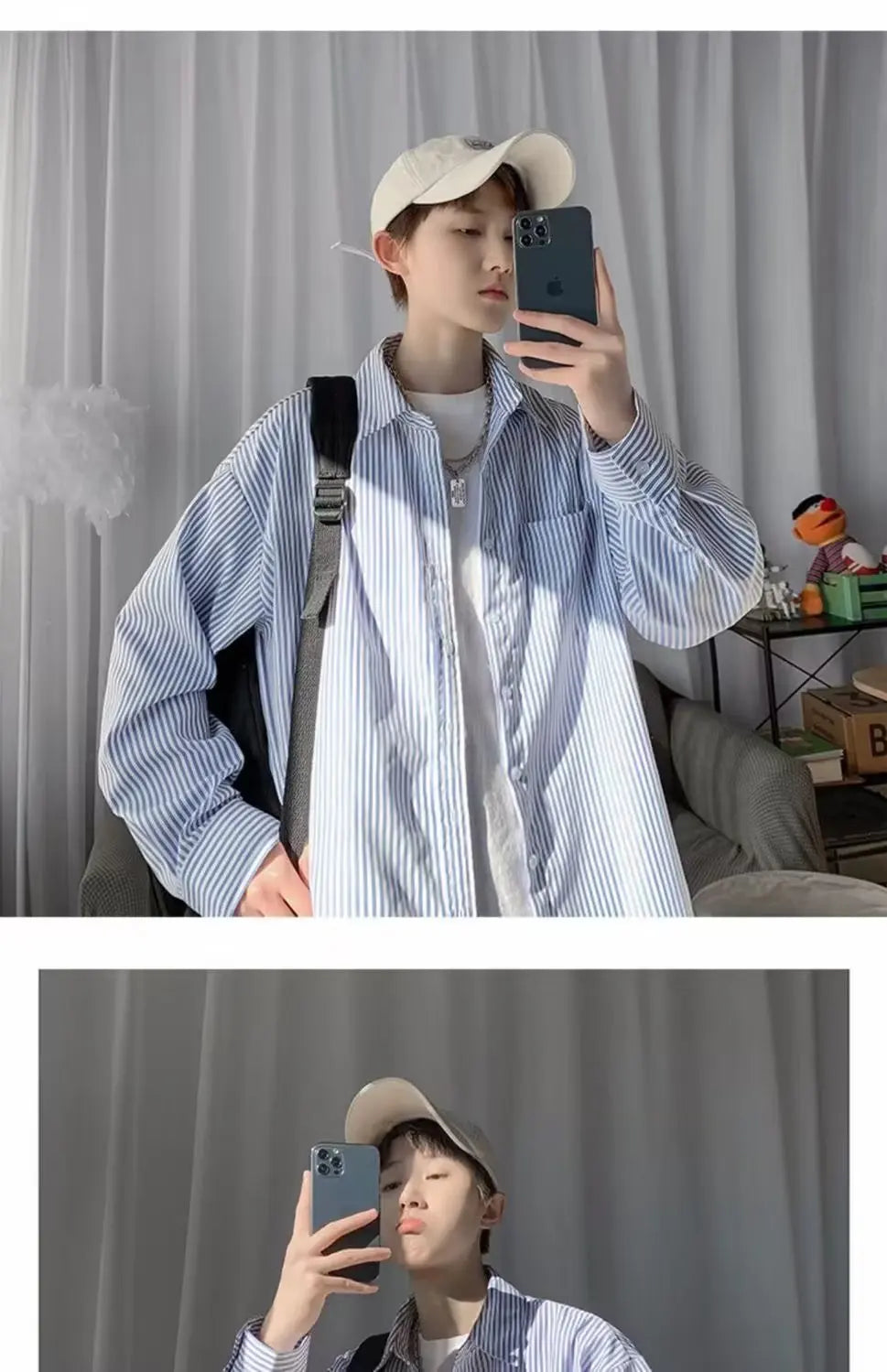 Japanese striped long-sleeved shirt boys simple trend literary fan lining clothes spring and autumn casual coat couple...