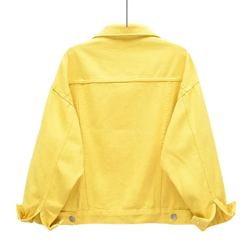 Yellow Women's Long Sleeve Jacket, Single Breasted Lapel Denim Jacket, Fashion Women's Tops Jacket Blue White Women's Coat