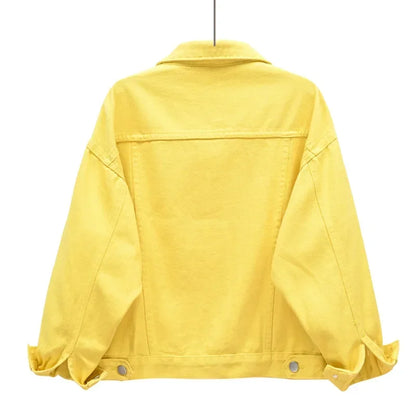 Yellow Women's Long Sleeve Jacket, Single Breasted Lapel Denim Jacket, Fashion Women's Tops Jacket Blue White Women's Coat