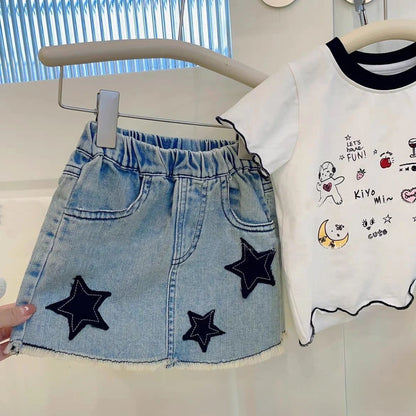 Girls Summer Denim Skirt Baby Girl Korean New Style Cute Bow Lace Pleated Skirt