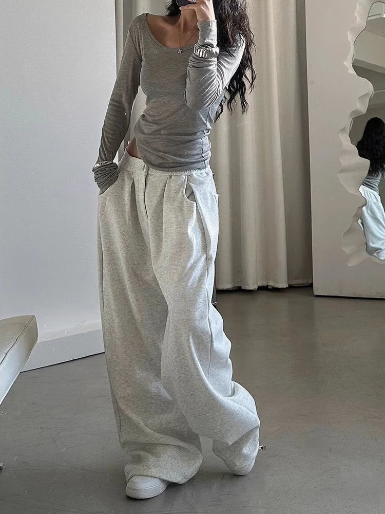 American Vintage Sweatpants Women Simple Classic Stretch High Waist Trousers Loos Lazy Jazz Hip Hop Dance Wide Leg Pants