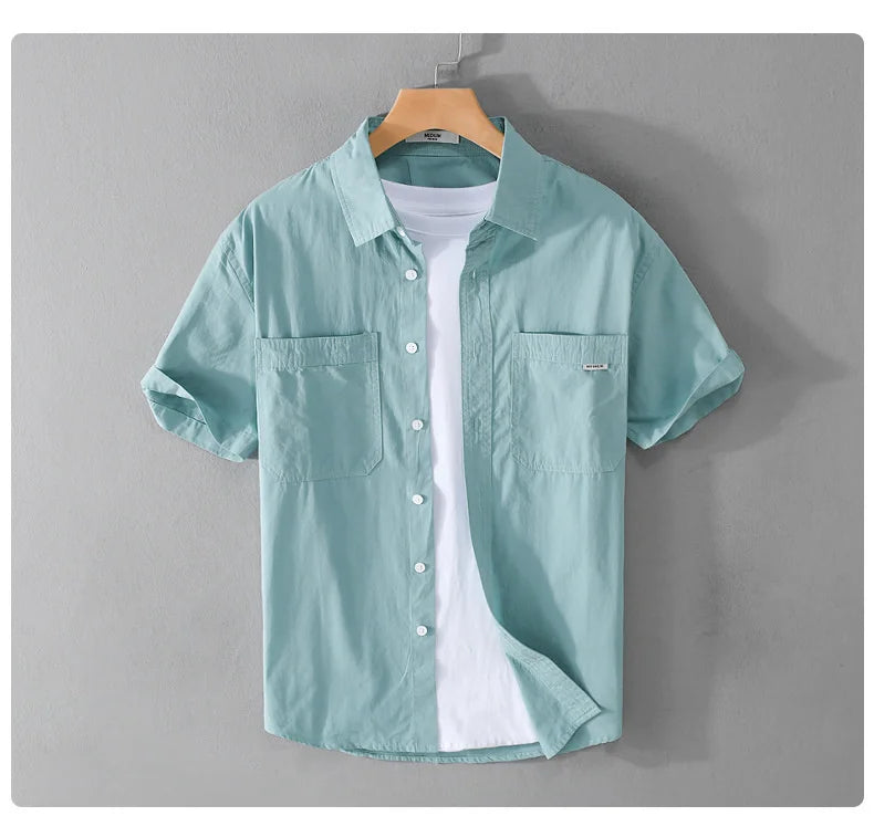 Summer Men's Casual Short Sleeve Comfortable Shirt 100% Cotton Sold Color Loose Simple Male Workwear Versatile Youth Fresh Shirt