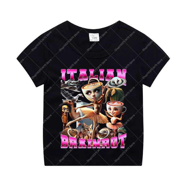 Italian Brainrot Kids Cotton T-shirt Tung Tung Tung Sahur Tee Tralalero Tralala Summer Clothes Funny Meme Children Cute Top Gift