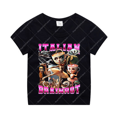 Italian Brainrot Kids Cotton T-shirt Tung Tung Tung Sahur Tee Tralalero Tralala Summer Clothes Funny Meme Children Cute Top Gift