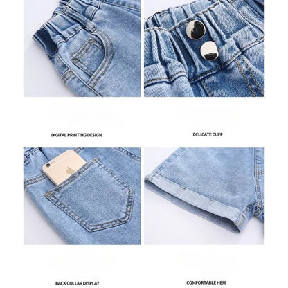 Girls' Denim Shorts - Summer Casual Stretchy Jean Shorts for Kids, Comfortable Loose Fit