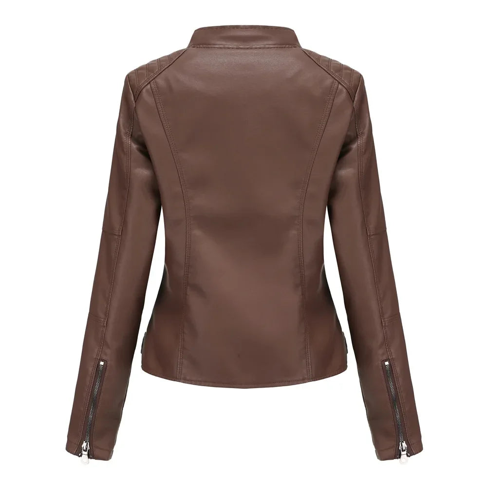 New women's leather jacket Slim jacket Thin section of the spring and autumn jacket Standing collar women's leather jacket
