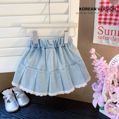 Girls Summer Denim Skirt Baby Girl Korean New Style Cute Bow Lace Pleated Skirt