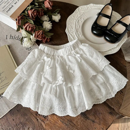 Korean Childrens Girls Short Skirt Summer Stylish Beautiful Plaid Kids Girls Half Skirt Lace Ruched Toddler Girls Cake Skirts