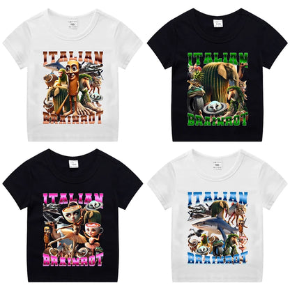 Italian Brainrot Kids Cotton T-shirt Tung Tung Tung Sahur Tee Tralalero Tralala Summer Clothes Funny Meme Children Cute Top Gift