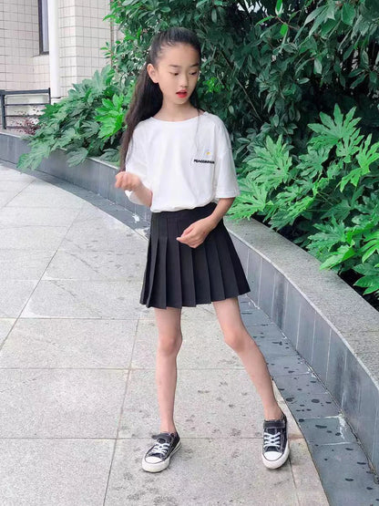 Teen Girl Summer Dress Kids Fashion Solid Color Pleated High Waist A-Line Skirt Children Casual Elastic Waist Mini Skirt Bottoms