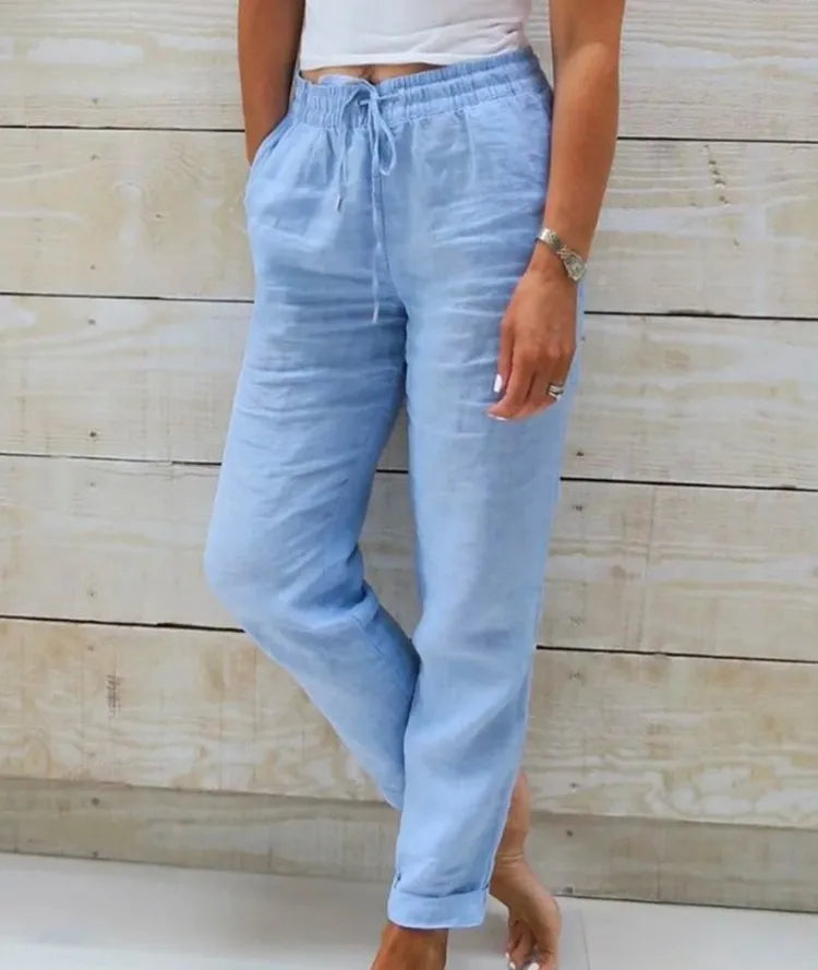 Women Cotton Linen Pants Summer Female High Elastic Waist Drawstring Pocket Beachwear Holiday Straight Trousers JYFS-1044