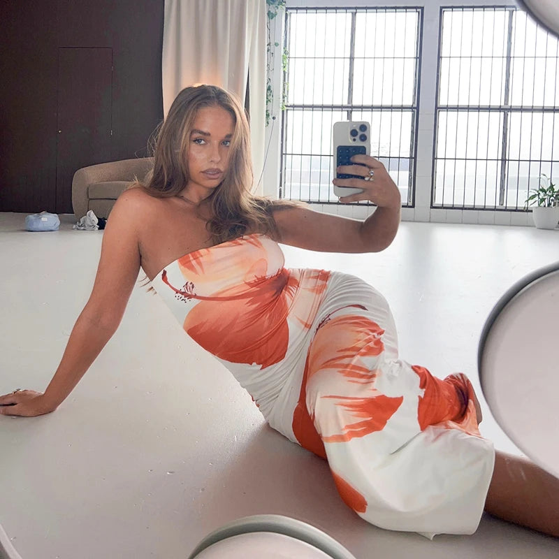 CUTENOVA Women's 2024 New Flower Printed Tubeless Dress Casual Vacation Off Shoulder Slim Beach Floor Length Long Dress