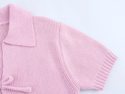 DEEABAE Women's Korean Casual Style Sweet And Pure Desire Bow Decoration Knitted Short Sleeved Lapel Top