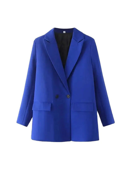 TRZA Women Chic Office Lady Double Breasted Blazer Vintage Coat Fashion Notched Collar Long Sleeve Ladies Outerwear Stylish Tops
