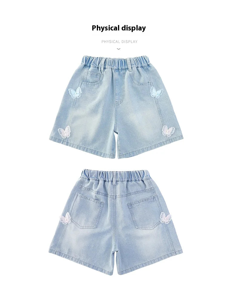 Girls summer style nailed side butterfly denim shorts thin 2025 new fashion denim hot pants casual sports shorts suitable for