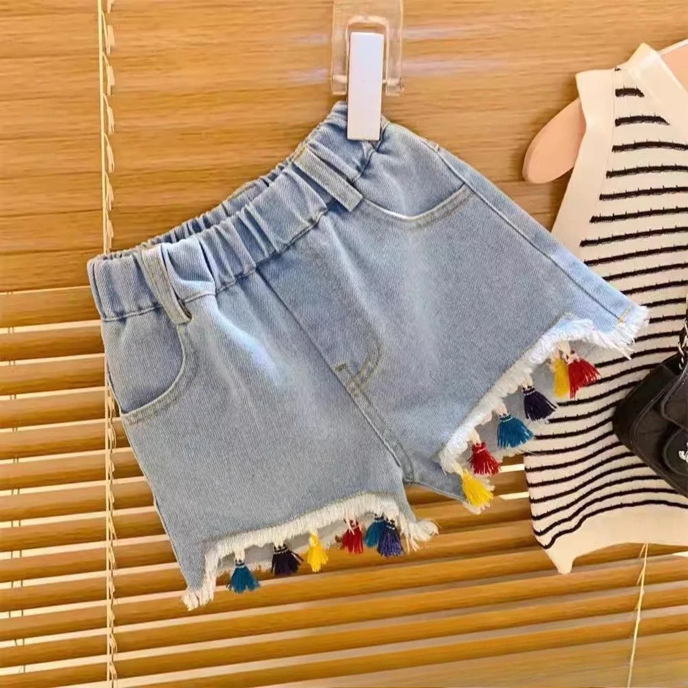 Girls Summer Denim Skirt Baby Girl Korean New Style Cute Bow Lace Pleated Skirt