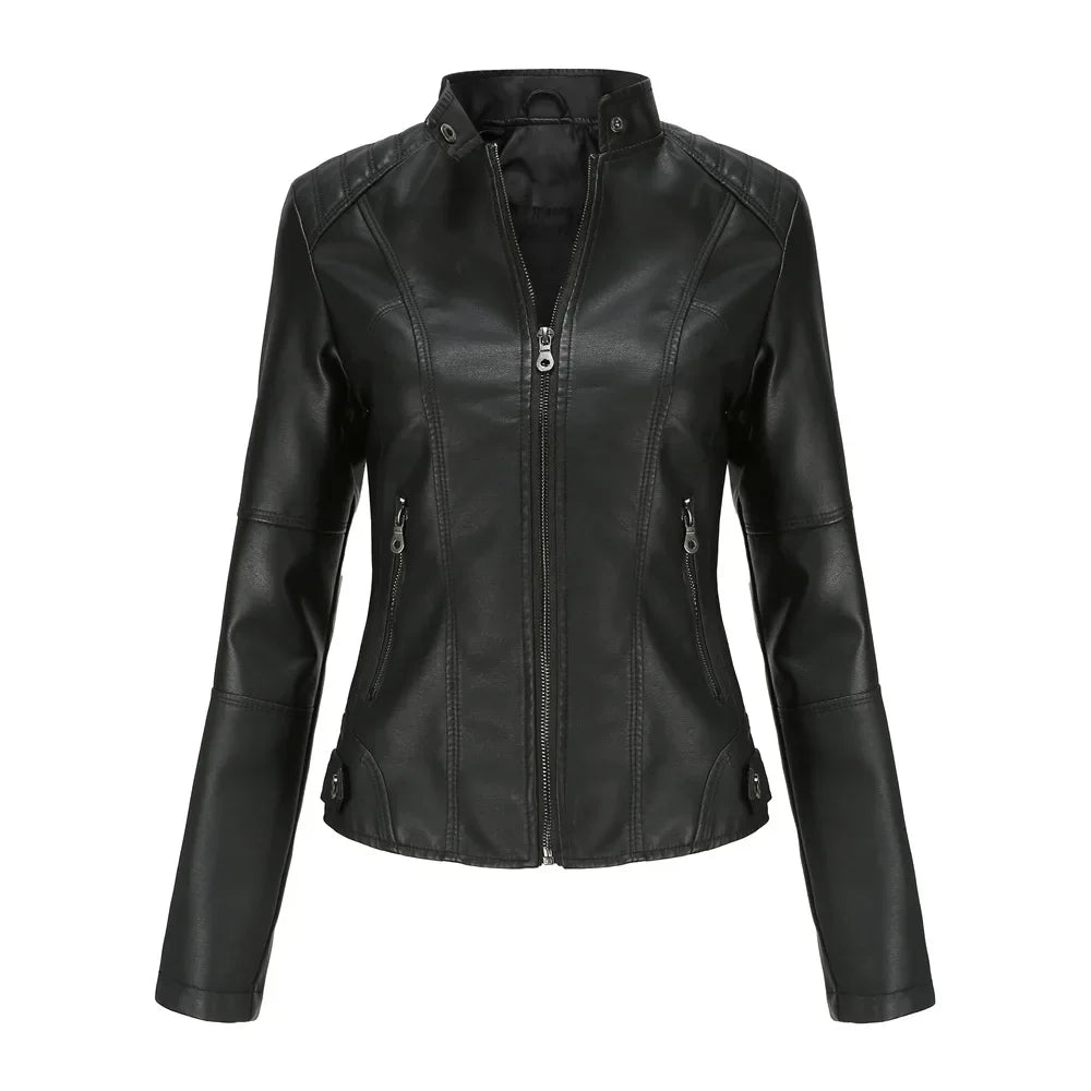 New women's leather jacket Slim jacket Thin section of the spring and autumn jacket Standing collar women's leather jacket