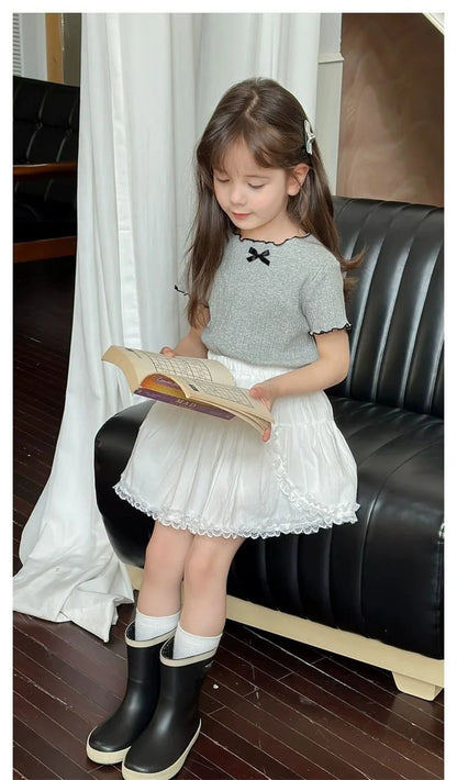 Girl Baby Thin Knit Ruffle Lace Short Sleeve T-shirts 2025 Summer New Girls Kids Bow Tops Sweet Cute Student Children Clothing