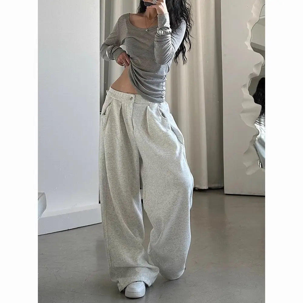 American Vintage Sweatpants Women Simple Classic Stretch High Waist Trousers Loos Lazy Jazz Hip Hop Dance Wide Leg Pants