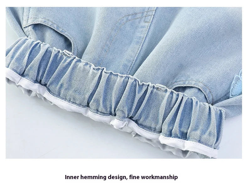 Girls summer style nailed side butterfly denim shorts thin 2025 new fashion denim hot pants casual sports shorts suitable for