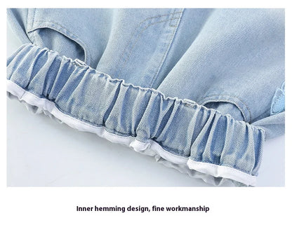 Girls summer style nailed side butterfly denim shorts thin 2025 new fashion denim hot pants casual sports shorts suitable for