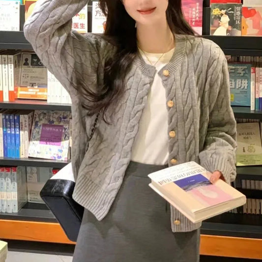2024 Vintage Long Sleeve Cardigan Women Sweater O-neck Elegant Knitted Top Fashion Autumn Grey Knitwear